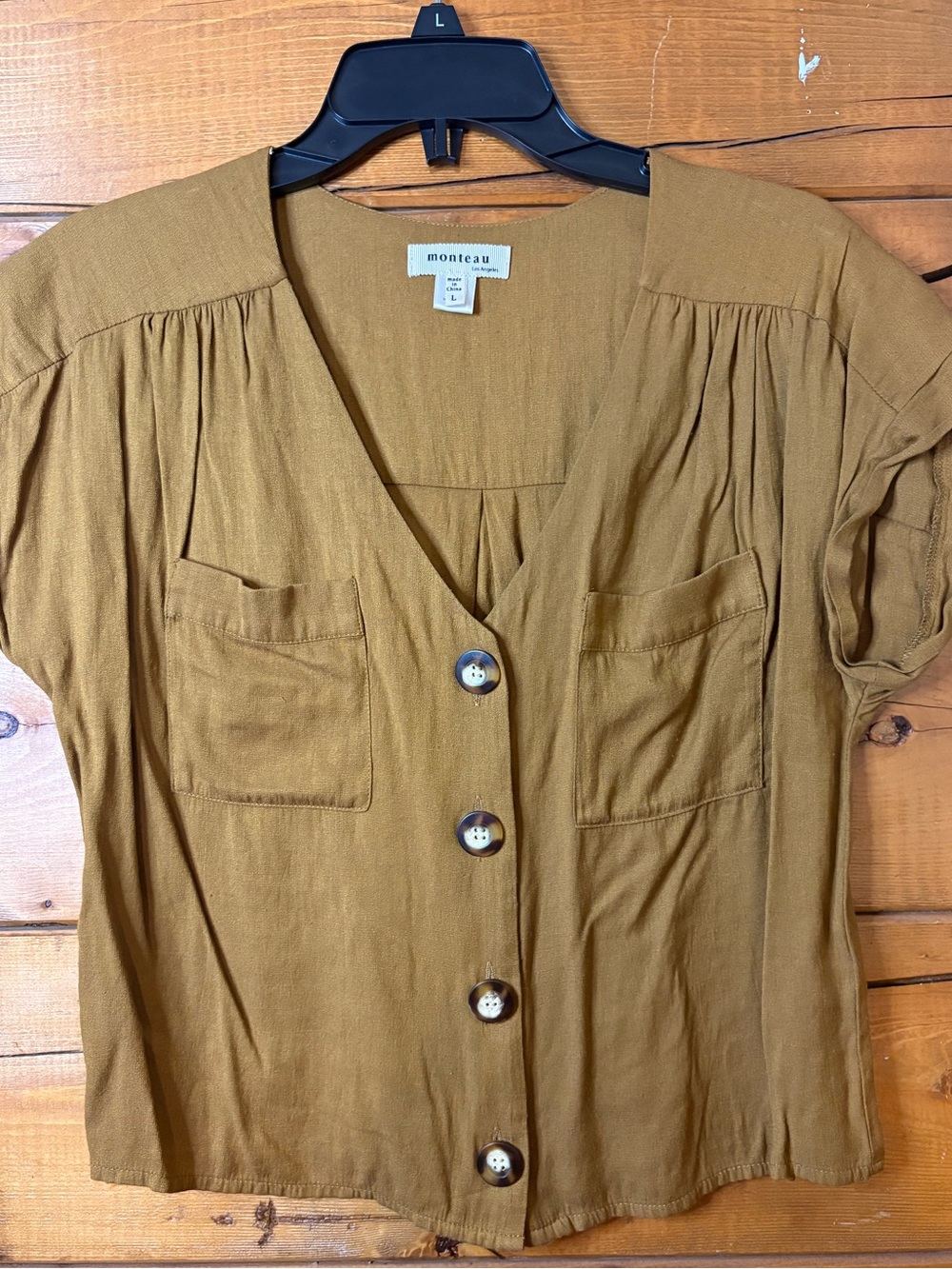 Monteau Women's Mustard brownish Button-Front Short Sleeve Top large